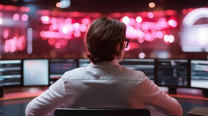 woman programmer sits at a desk with multiple monitors displaying code and data, in a dark room with