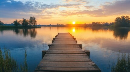 Aufkleber - Serene sunset over calm waters with wooden pier reflecting golden hues in the sky Generative AI