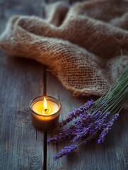 Aufkleber - Cozy still life featuring lavender sprig and a lit candle on textured wooden surface during peaceful evening ambiance Generative AI