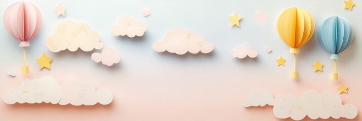 Poster - Whimsical paper art backdrop featuring pastel clouds, balloons, and twinkling stars for creative design projects Generative AI