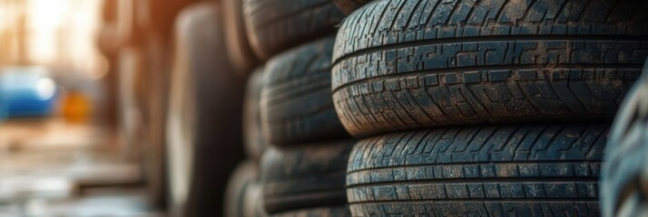 Poster - Stacked tires in an outdoor storage area during the late afternoon with soft sunlight illuminating the scene Generative AI