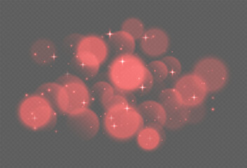 Wall Mural - red bokeh with stars and sparkles, shiny overlay decoration isolated on grey background. vector illu