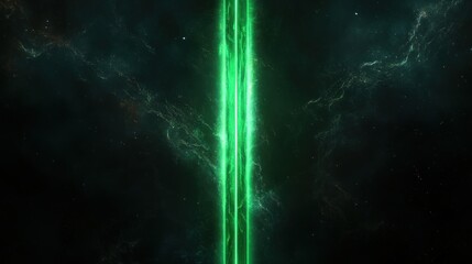 Wall Mural - thin green glowing stripe against dark cosmic background