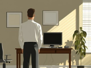 Wall Mural - Professional Office Interior with Male Figure Standing in Business Attire Facing Workstation, Illuminated by Natural Sunlight, Highlighting Minimalistic Decor and Green Plant