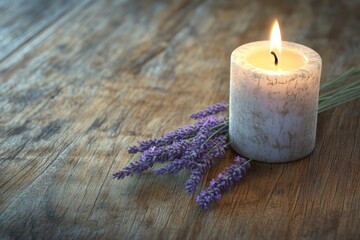 Aufkleber - Warm and inviting still life featuring a lavender sprig complemented by a lit candle on weathered wood Generative AI