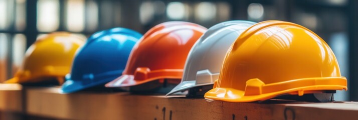 Aufkleber - Variety of hard hats displayed in safety gear showcase at construction site Generative AI