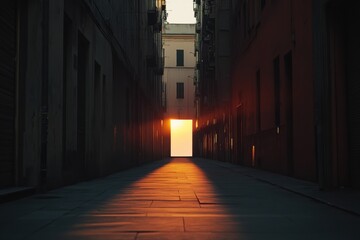 Poster - Sunset casts golden light through an empty city alleyway leading to a blank space for text Generative AI