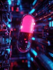 Poster - Floating neon cyberpunk pill in a high tech void with vibrant futuristic lighting Generative AI
