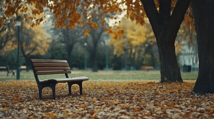 Aufkleber - Solitary bench under a tree surrounded by autumn leaves inviting peaceful reflection in the park Generative AI