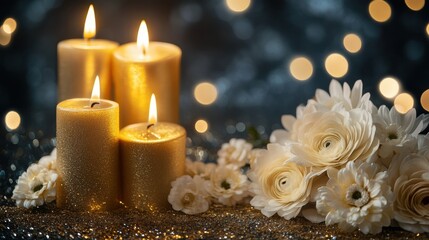 Poster - Elegant golden candles surrounded by white and gold flowers on a shimmering dark background for special occasions Generative AI