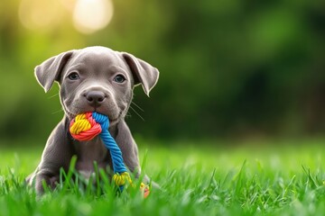 Poster - Playful puppy enjoys a colorful chew toy on lush grass in soft natural lighting Generative AI