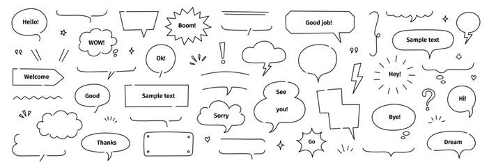 Poster - Line frame text speech bubble set. Line balloon frame design talk speech bubble frame. Comic japan style design conversation text dialog balloon, simple doodle thinking cloud. Vector illustration