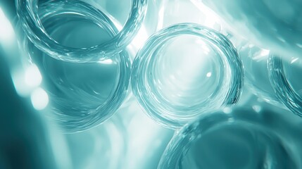Abstract teal glass rings, bokeh background.