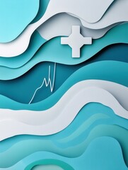 Aufkleber - Calming layered paper art design featuring medical symbols in blue, teal, and white tones Generative AI