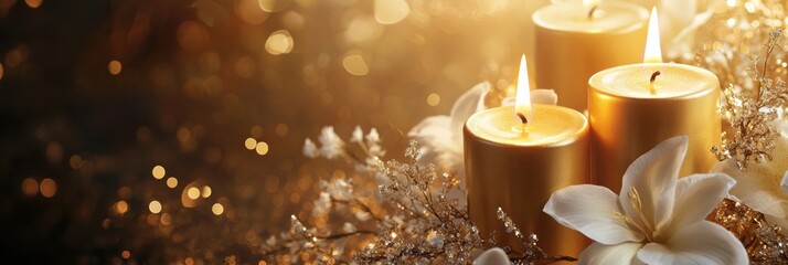 Aufkleber - Elegant golden candles with white and gold flowers shine on a dark shimmering background for a festive ambiance Generative AI