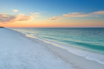 Aufkleber - Endless stretch of sand at sunset with tranquil waves and colorful sky on a peaceful beach Generative AI