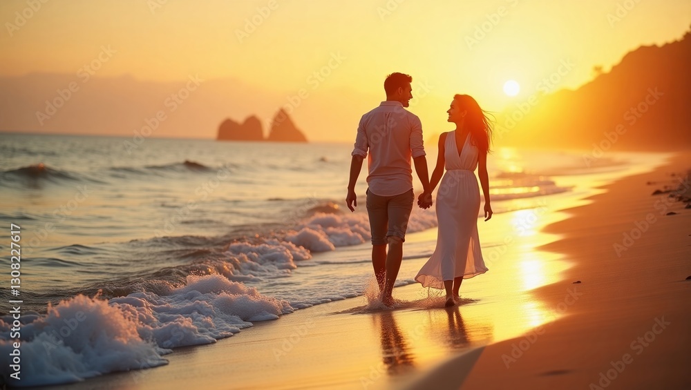 A romantic couple walking hand-in-hand along a peaceful beach during ...