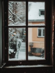 Poster - Snow gently falling outside a cozy window during winter in a quiet neighborhood with charming houses visible Generative AI