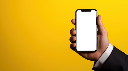 Close-up of a businessman in a stylish suit holding a mobile phone with a white screen on a yellow background. A mockup of a modern phone. Presentation of a mobile application