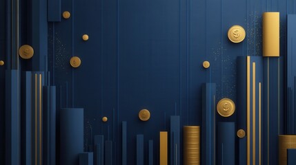 Leinwandbilder - Sophisticated paper art background with geometric shapes illustrating financial growth and depth using golden and deep blue textures Generative AI