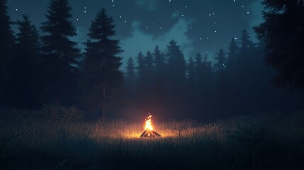 Poster - Solitary campfire illuminates a forest clearing under a starry night sky Generative AI