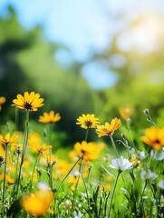 Leinwandbilder - Colorful wildflowers bloom in a sunlit meadow during spring near a tranquil forest setting Generative AI