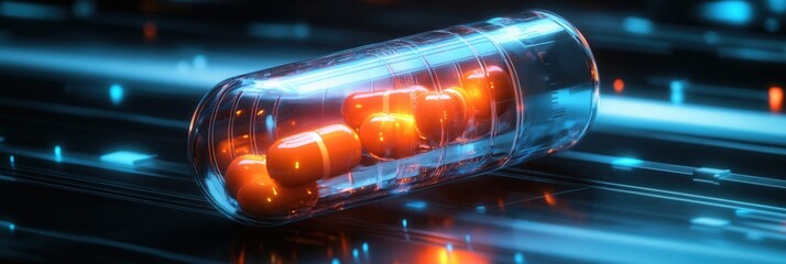 Poster - Futuristic transparent pill bottle with glowing capsules in a cyberpunk setting showcasing high tech design and golden ratio composition Generative AI
