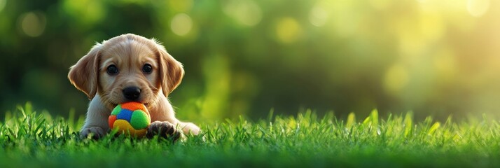 Poster - Playful puppy enjoys a colorful chew toy on soft green grass in natural light, perfect for fuzzy pet moments Generative AI
