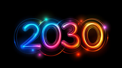 2030 futuristic neon sign shining bright on black background