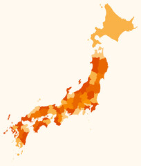 map of japan with regions. just a simple country border map with region division. orange color palet