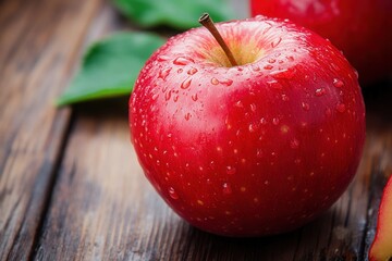 Poster - Fresh red apple with water droplets resting on a wooden surface surrounded by natures elements for healthy eating Generative AI
