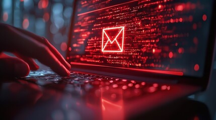 Wall Mural - laptop with red email folder icon on screen, concept of spam phishing or digital virus.,