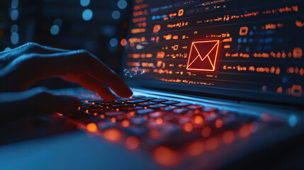Wall Mural - laptop with red email folder icon on screen, concept of spam phishing or digital virus.,.