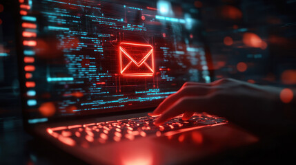 Wall Mural - laptop with red email folder icon on screen, concept of spam phishing or digital virus..
