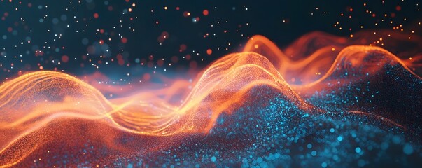 Wall Mural - abstract digital landscape with orange waves and blue particles