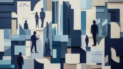 Poster - Sophisticated paper art background showcasing political analysis with layered elements and structured design in navy and gray tones Generative AI