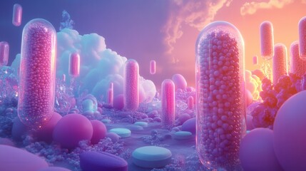 Poster - Surreal medical landscape featuring pill structures under dreamlike lighting at twilight Generative AI