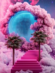 Wall Mural - Vibrant digital collage of a retro-futuristic landscape, 80s vaporwave aesthetic, neon grids, floating pyramids, palm trees, cosmic sky, nostalgic yet futuristic, bold colors, synthwave style