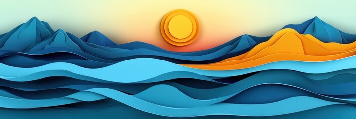 Leinwandbilder - Vibrant paper art landscape featuring rolling waves, mountains, and a glowing sun in dynamic gradient colors Generative AI