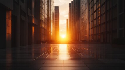 Aufkleber - Breathtaking sunset illuminating empty city buildings with light filling the streets and a blank space for text Generative AI