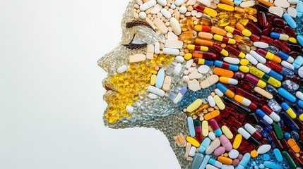 Aufkleber - Colorful mosaic of pills creating an intricate human silhouette in a detailed artistic depiction Generative AI