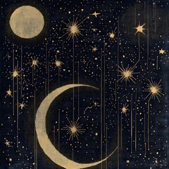 Wall Mural - a celestial-inspired woven pattern resembling the night sky, with golden threads forming constellati