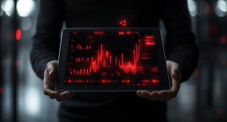 Fototapete - Person Holding Digital Tablet Displaying Financial Data with Red Graphs and Charts : Generative AI