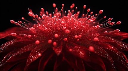 Poster - Close Up of a Red Flower with Tiny Water Droplets in a Dark Setting : Generative AI