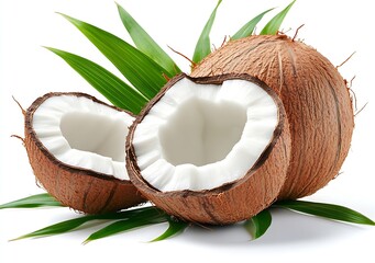 Poster - Ripe Whole Coconut Halves Surrounded by Tropical Green Leaves for Culinary Use : Generative AI