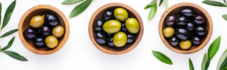 Poster - Delicious Assortment of Green and Black Olives in Wooden Bowls Surrounded by Fresh Leaves : Generative AI