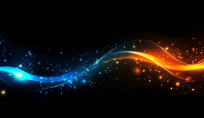 Fototapete - Dynamic Blue and Orange Flowing Waves with Shimmering Particles in Black : Generative AI