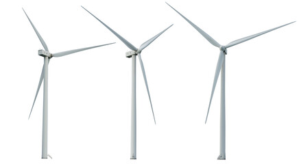 windmills for eco energy. three wind turbines isolated on transparency background. windmill for elec