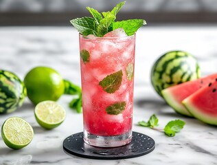 Aufkleber - Refreshing Watermelon Mojito Cocktail Garnished with Mint Leaves and Served on a Marble Table : Generative AI