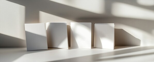 Fototapete - Four blank white booklets displayed on a surface in soft natural light and shadows : Generative AI